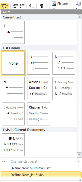 Choose the Define New List Style option from the Multilevel List menu